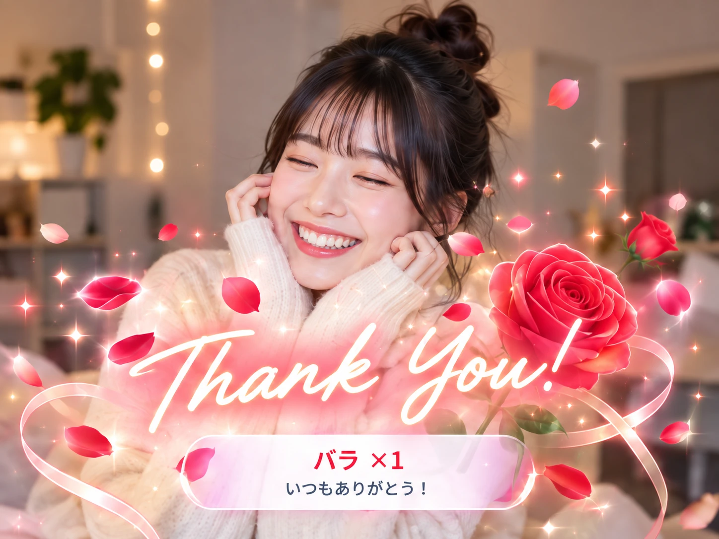 笑顔の配信者にバラと光のリボンのThank You演出を重ねたAI生成の表示イメージ