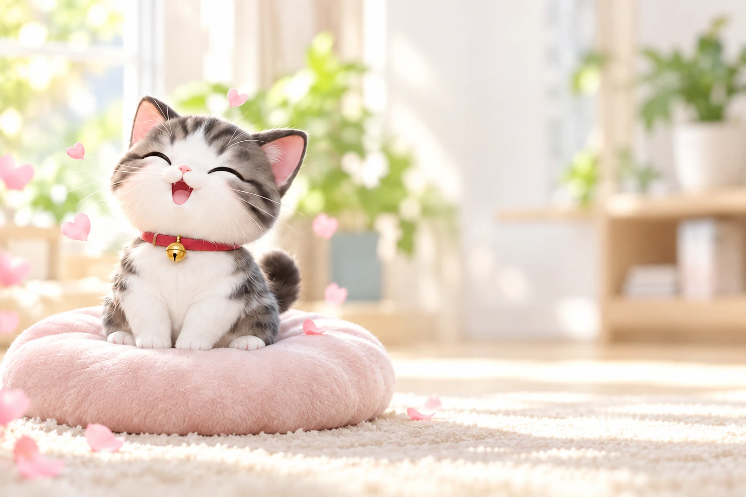 笑顔のねこがクッションに座るイメージ